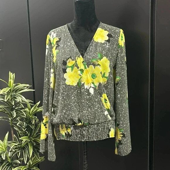 INC Crisscross V-neck, long wide sleeve shirred waist,floral lightweight - Picture 1 of 11